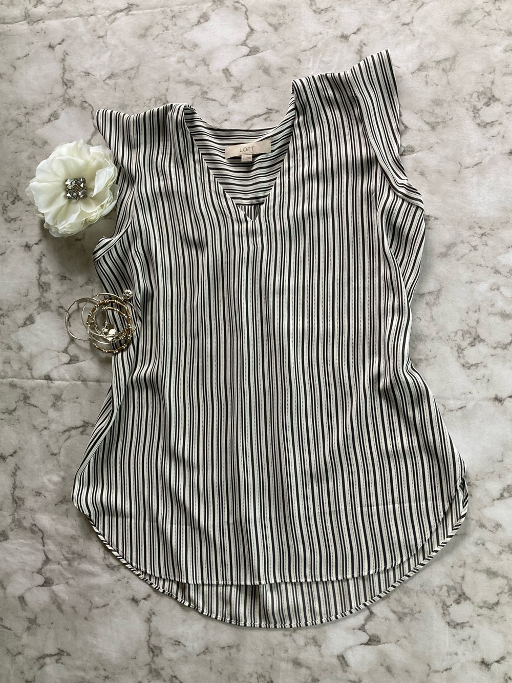 LOFT Black & White Vertical Stripe V-Neck cap sleeve Top
